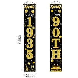 90th Birthday Door Banner Decorations for Men Women Black Gold Vintage 1935 Happy 90th Birthday Party Porch Sign Supplies Backdrop Decor for Outdoor Indoor