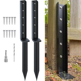 CKLT One-Piece Fence Post Repair Kit 2-Pack Heavy Duty Post Anchor 32in Metal Sturdy Ground Stakes for Repairing Tilted and Broken Wooden Fence, Black