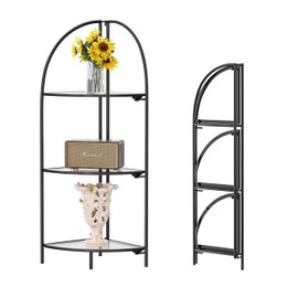 Crofy Foldable 5 Tier Corner Shelf, Corner Plant Stand with Black Metal Frame and Transparent Tempered Glass Shelves, Corner Display Rack Multipurpose Shelving Unit for Living Room, Bedroom, Bathroom