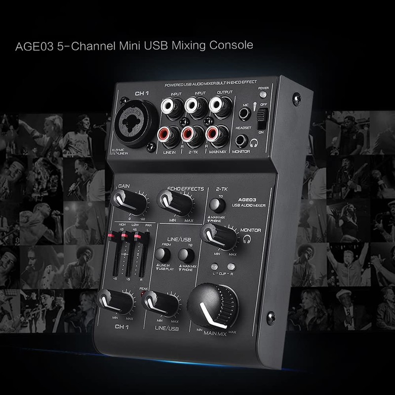 Qudai AGE03 5-Channel Mini Mic-Line Mixing Console Mixer with USB