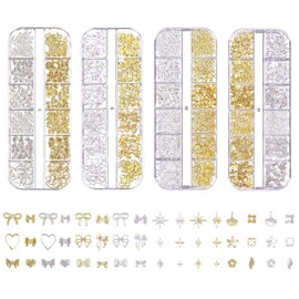 4 Boxes Of Nail Art Accessories, Bow Nail Patches, Nail Pendants, Nail Gems, Nail Art Nails, Suitable For Family Diy And Professional Nail Art (Gold, Silver).
