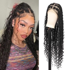 Brinbea 360° HD Full Lace Braided Wigs for Women Knotless Boho Braided Wigs Box Braid Wig with Baby Hair Human Hair Blended Black Long Braided Lace Front Wigs 36 Inch