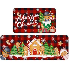 Merry Christmas Gingerbread Kitchen Rugs Set of 2, Xmas Red Buffalo Grid Kitchen Mats Decor, Non Slip Kitchen Rug and Mat Washable, Absorbent Kitchen Floor Mat for Bathroom Sink, 17x30 +17x47 Inch