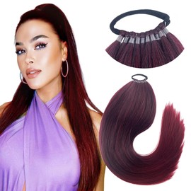 Kediciz Ponytail Extension Warp Around Pony Tail with Hair Tie 24inch Long Synthetic Yaki Straight Braiding Hair Ponytail DIY Braided for Women Girls Daily Party Cosplay,Ombre Black to Wine Red