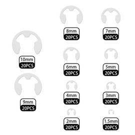 UKOFEW Pack of 200 E-Clips Circlips, 10 Different Sizes, Stainless Steel External Retaining Ring, Locking Washers Assortment, E-Clips with Box for Attaching, Bearings, Gears, Pulleys (Silver)