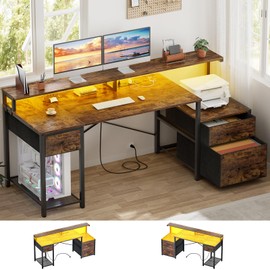 Aheaplus Computer Desk with 3 Drawers, Home Office Desk with File Drawer & Power Outlet, 59'' Gaming Desk with Led Lights, Long Work Desk with Storage, Printer Cabinet and Monitor Shelf, Rustic Brown