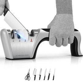 4-in-1 knife sharpener [4 stages], original quality polishing blade, the best kitchen tool for paring knives, steel knives and scissors - including a pair of anti-cutting gloves