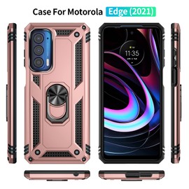 SKTGSLAMY for Moto Edge 2021 Case,Moto Edge 5G UW Case,with Screen Protector,[Military Grade] 16ft. Drop Tested Cover with Magnetic Kickstand Car Mount Protective Case for Moto Edge, Rose Gold