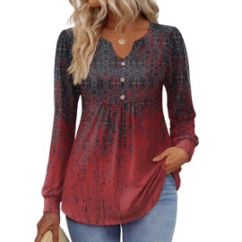 Zeagoo Tops for Women Trendy Fall Long Leeve Tops Floral Boho Tshirts Loose Fit V Neck Button Pleated Shirts Blouse Dressy Casual Work Basic Top