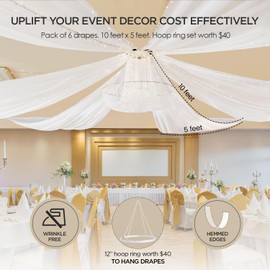 boldworks Ceiling Drapes Hanging Kit for Weddings Tent Bedroom Draping Parties Decoration White Fabric Includes Hoop Ring Set 5ft x 10ft Pack of 6