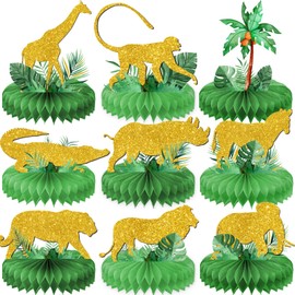 9 Pcs Gold Safari Party Supplies Glitter Jungle Safari Animals Honeycomb Centerpieces Table Decorations Shaped Cutouts Table Toppers for Jungle Safari Birthday Baby Shower Party Decorations Supplies