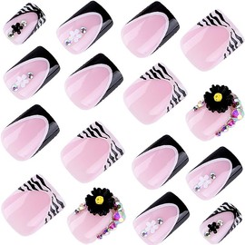 Black French Press on Nails Short & Press on Toenails Set - Square Fake Nails Press ons Nail Art Tips Glue on Nails Full Cover False Nails with Stripe Diamond Flower Charms Design Acrylic Nail Kit