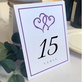 Linked Hearts and Border Wedding Table Numbers (Select Color/Quantity), White, Purple, 1-30, Double Sided, Tent or Use in a Stand, Great for Parties & Restaurants