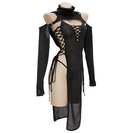 MEOWCOS Women's Bodycon Dress Gothic Ninja Style Lace up Slit Dress and Hooded Top Black