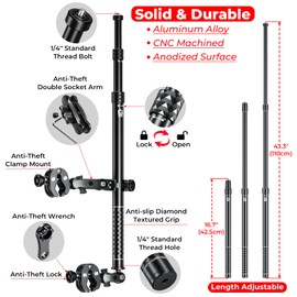 VAZESWIN Aluminum Alloy Motorcycle Camera Mount Kit for GoPro Insta360 DJI, 360° Rotating Heavy-Duty Bike Handlebar Anti-Theft Clamp Mount with Extendable Selfie Stick for Motorcycle Bike ATV UTV