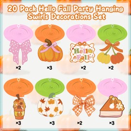 Fall Party Decorations, Hello Fall Party Hanging Swirl Ceiling Decorations, Autumn Little Pumpkin Bow Cutouts Thanksgiving Ornaments for Autumn Harvest Decor Thanksgiving Party Supplies