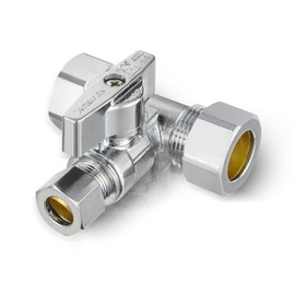 EFIELD 1/4-Turn Stop Tee Compression Stop Valve, 1/2" NOM (5/8" OD) x 1/2" NOM (5/8" OD) x 3/8 inch, Chrome Plated Brass, UPC Certified