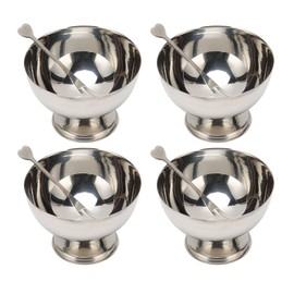 Pack of 4 Ice Cream Sundaes, 10 cm Round Stainless Steel Dessert Bowls, Silver Ice Cream Bowls with Fork and Base for Dessert Ice Cream Sundae, Salad, Snack, Spice, Fruit,