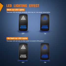Gebildet Blue Hazard Warning Rocker Switch 5-Pin Laser On/Off LED Light, 20A/12V, 10A/24V Switch Jumper Cable Set for Jeep Boots Trucks