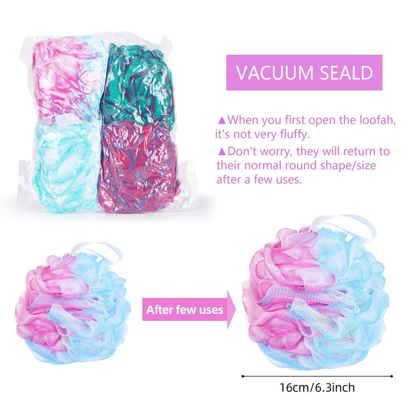 4 Pack Mesh Pouf Bath Sponges, 100g/Pc XXL Large Loofahs
