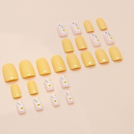 Medium Press on Nails Square Fake Nails Yellow Nails Press ons Glossy Glue on Nails White Acrylic Nails Spring Summer False Nails with Flower Designs Cute Stick on Nails for Women 24Pcs