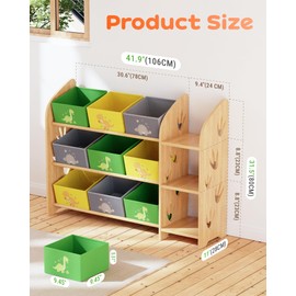 yoopin Toy Storage Organizer with 3 Shelves and 9 Bins, Green Dinosaur