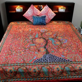 Cotton Tree of Life Tapestry Wall Hanging Floral Bed sheet thin lightweight Bedspread Tablecloth Rectangle Beach sheet Red Full 88 x 104 in