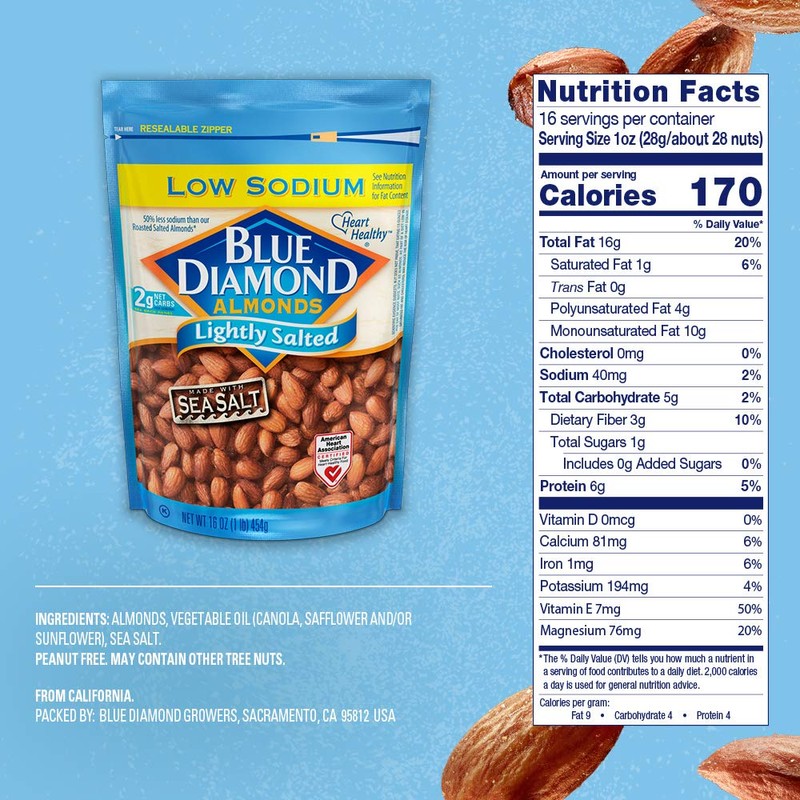 Blue Diamond Almonds Low Sodium Lightly Salted Snack Nuts, 16