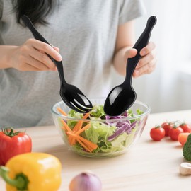 ALEXPRE 30 Pcs Disposable Black Plastic Serving Utensils,10 Set Including 9" Plastic Serving Spoons, Forks and Tongs for Dinner Parties, Buffets,Banquets, Events, Weddings, and Daily Use