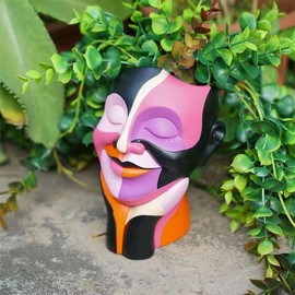 Abstract Rainbow Head Planter, Unique Face Plant Pot with Drainage, Cute Eclectic Flower Planters Pots for Indoor & Outdoor Plants, Colorful Funny Room Decor Aesthetic(Orange)