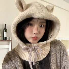 Winter Baby Bear Balaclava Hat with Bear Ears & Drawstring lf1395 Free Size/M(56-58cm) Beige 4ea