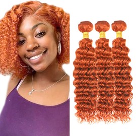 LadrXadr Color 350 Human Hair Bundles Ginger Deep Wave Bundles Ginger Orange Human Hair 3 Bundles 14 16 18 inch 8A Remy Orange Deep Curly Bundle