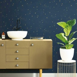 RoomMates RMK11319WP Upon A Star Navy and Metallic Peel and Stick Navy Wallpaper, Roll
