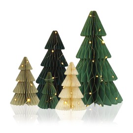 5 Pcs Paper Christmas Tree Decor with LED Light Strings, 3D Glitter Edge Honeycomb Trees Table Centerpiece for Modern Christmas Mantel Decorations Home Xmas Holiday Party Decorations,Green,Brown