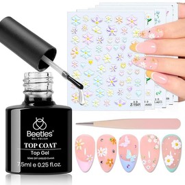 Beetles X Press Plus-Lite Kit French Tips Square Almond French Tip Press on Nails with Nail Glue Builder Top Coat Squoval Press on Nails DIY Manicure Gift for Women #TikTokShopBacktoSchool:_Floral Garden Stickers & Top Coat