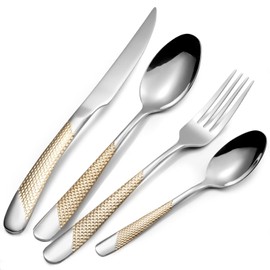 16 Piece Gold Hammered Silverware Set for 4, Premium Food-grade Stainless Steel Flatware Set, Luxury Design & Mirror Polished Cutlery Set, Eating Utensil Set with Fork Knife Spoon, Dishwasher Safe