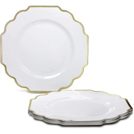 " OCCASIONS " 50 Plates Pack (25 Guests)-Wedding Party Disposable Plastic Plate Set -(25 x 10.5'' Dinner + 25 x 8'' Salad/Dessert) (Imperial White & Gold)
