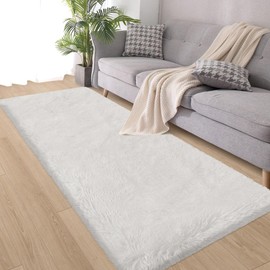 ZJYeRug White Runner Rugs for Bedroom Living Room,Non Slip Bedside Fluffy Area Rug 2x6 Feet,Ultra Soft Plush Faux Fur Floor Throw Carpet for Hallway Nursery Kids Dorm Home Decor Aesthetic Washable