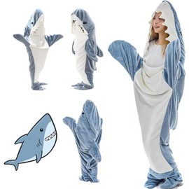 Shark Blanket Hoodie Onesie for Adult Kids, Cozy Flannel Throw Wearable Blanket, Cartoon Animals Shark Onesie Shark Costume (Blue, X-Large)