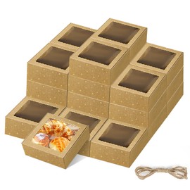 24 Pack Kraft Bakery Cookie Boxes with Window for Paper Gift Giving Gold Foil Star Bakery Gift Boxes 8 x 8 x 2.5 Inch Holiday Dessert Disposable Packaging for Cookie Cupcaked Pie Donuts & Pastries