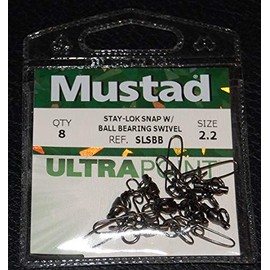 Mustad Stay-Lok Snap W/Ball Bearing Swivel Fishing Terminal Tackle (8 Pack), Black, Size 2.2