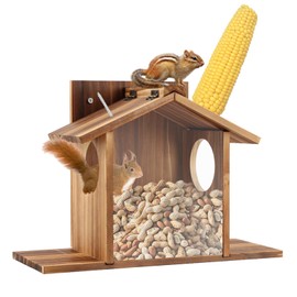 Wood Squirrel Feeders for Outside, Squirrel House with Corn Cob Holder, Squirrel Chipmunk Feeder for Corn, Peanuts, Easy to Fill(Color:Wood)