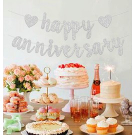 Happy Anniversary Banner Decoration Silver, Men Women Glitter Wedding Bunting Garland for Birthday Anniversary Wedding Love Party Ceremony Decoration Photo Backdrop Party Supplies