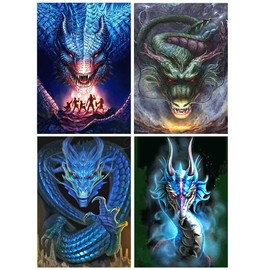 Diamond Painting 4 Pack 30 x 40 cm Dragon Diamond Painting Pictures DIY 5D Diamond Painting by Numbers Kits Shiny and Crystal-like Cross Stitch Set Glitter Stones for Room Wall Decoration