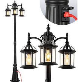 VIANIS 82.9" H Dusk to Dawn Lamp Posts Outdoor Lighting with Outlet, Black 3-Head Outdoor Post Lights, Waterproof Anti-Rust Outdoor Street Light Fixtures for Garden Yard(Hardwired 120VAC)
