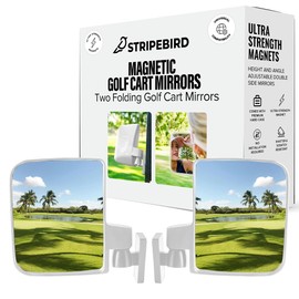 Stripebird - Magnetic Golf Cart Mirrors 2.0 (White) - No Drilling - Ultra-Strength Magnet - 2 Folding Side Mirrors - EZ Go Accessory - Club Car Accessory - Golf Cart Accessory