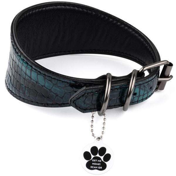 FAVPET Luxury Genuine Leather Greyhound Collar Wide with QR Code