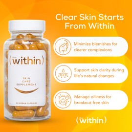 Clear Within Clear Skin Vitamin - with 10 Natural Ingredients for Acne-Free, Clearer Complexion, Oil Control & Blemish Minimization. Supports Skin Clarity | Non-Synthetic 60 Cap/Bottle