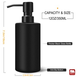 GMISUN Black Soap Dispenser, Hand Soap Dispenser for Bathroom, Dish Dispenser for Kitchen, 12 fl oz/350ml Glass Soap Bottle with Stainless Steel Pump, Modern Refillable Liquid Lotion Dispenser