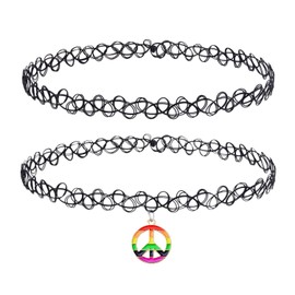 BodyJ4You 2PC Tattoo Choker Necklace - 90s Choker Necklace Women - 2000s Y2K Black Chokers - Rainbow Peace Hippy 80s Charm Pendant - Vintage Emo Stretchy Elastic Necklace